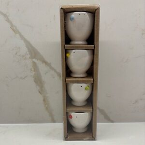 Set of Four White Chick Egg Cups with Colorful Accents in Box